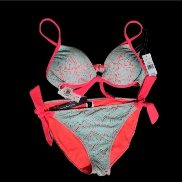 NWT RARE NINETY-NINE DEGREES CROCHET LACE BIKINI SET SZ L TEAL & NEON PINK - Picture 2 of 11